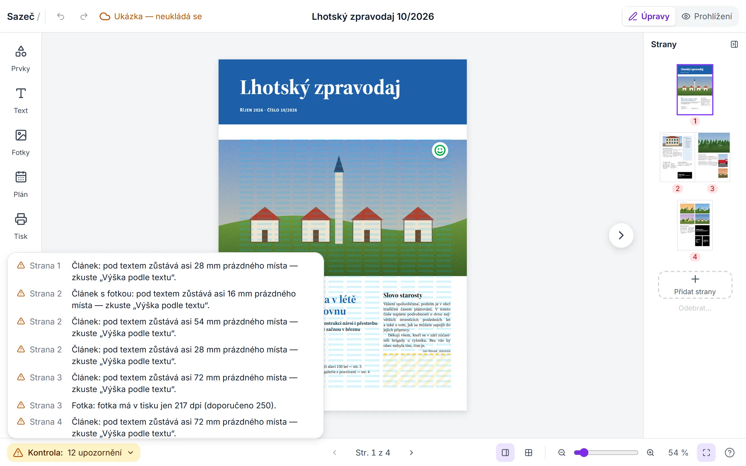 Editor Sazeče s rozbaleným seznamem upozornění: přetékající text a fotografie s malým rozlišením