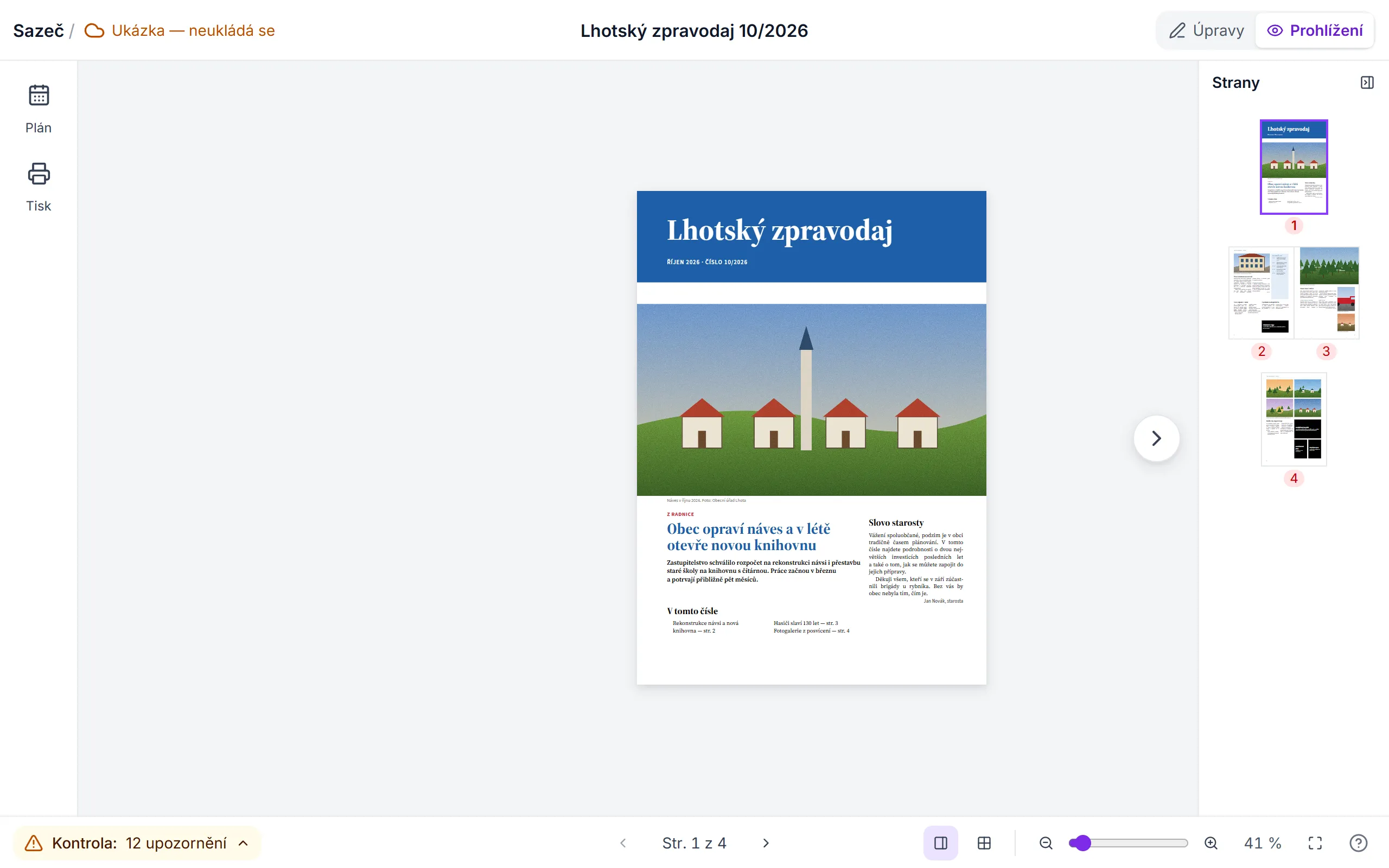 Režim Prohlížení: vydání tak, jak ho uvidí čtenář, bez ovládacích prvků editoru