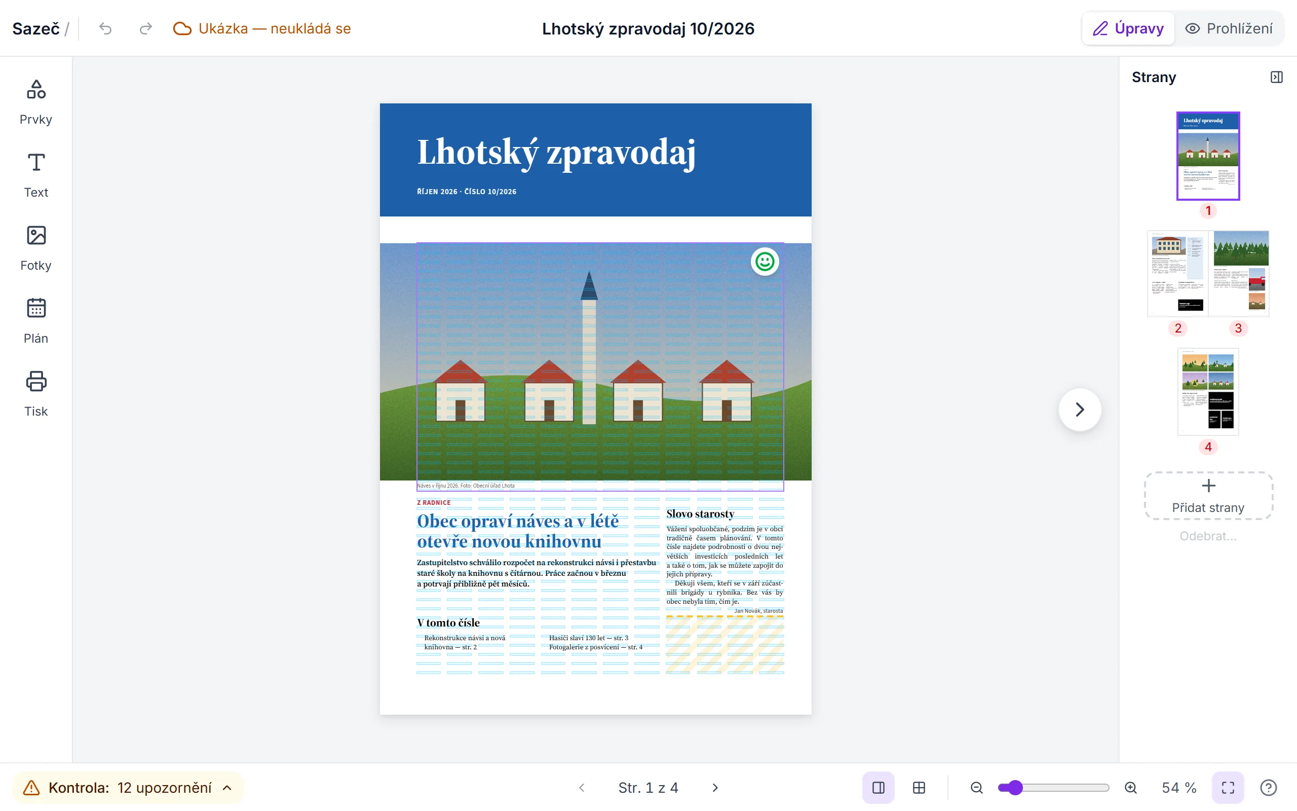 Editor Sazeče s ukázkovým vydáním: panely vlevo, stránka uprostřed, seznam stran vpravo