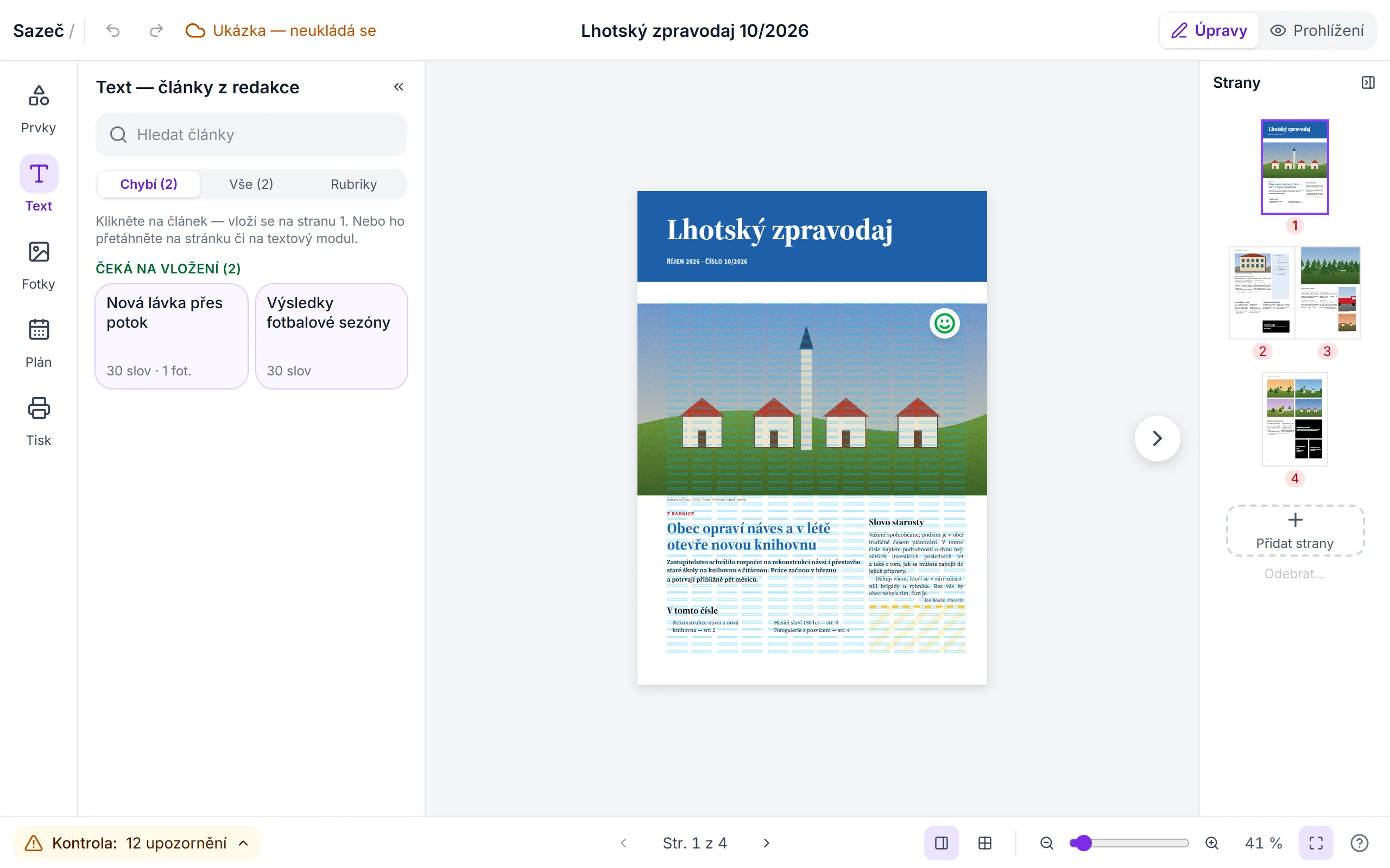 Panel Text v editoru: články čekající na vložení na stranu