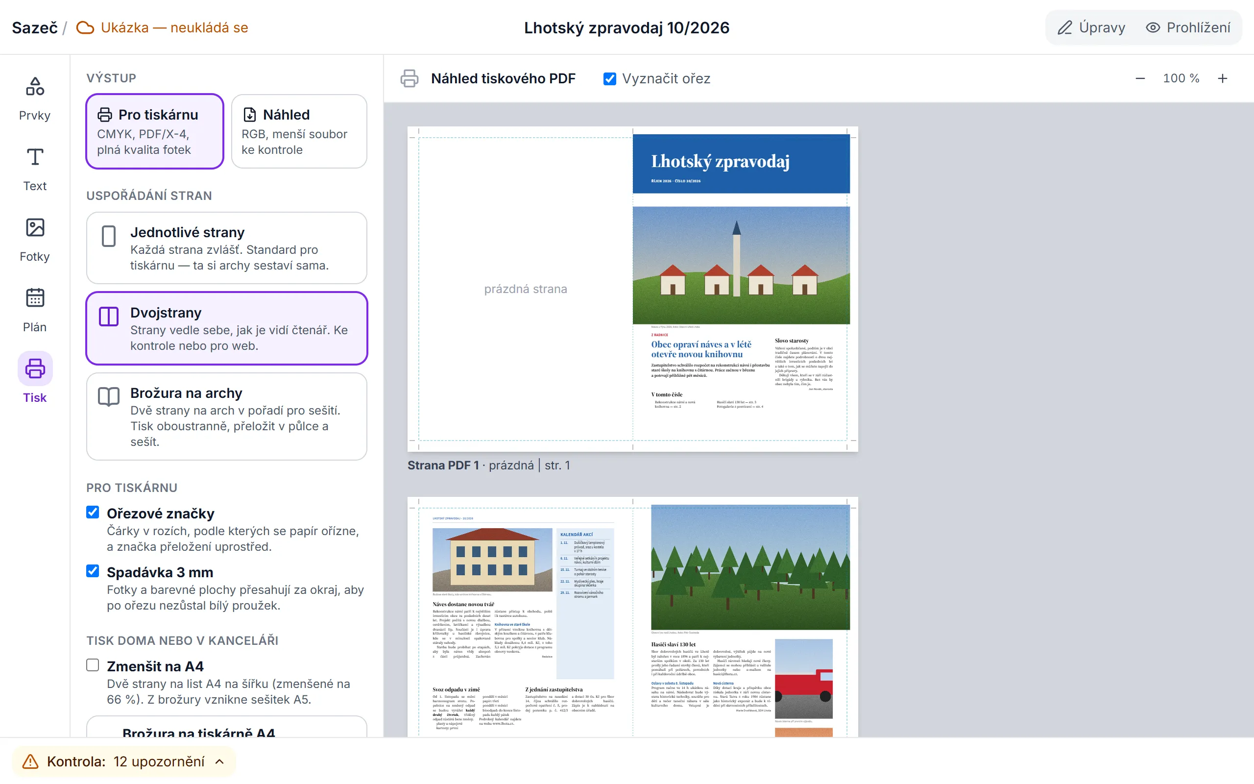 Náhled tiskového PDF s dvojstranami a ořezovými značkami